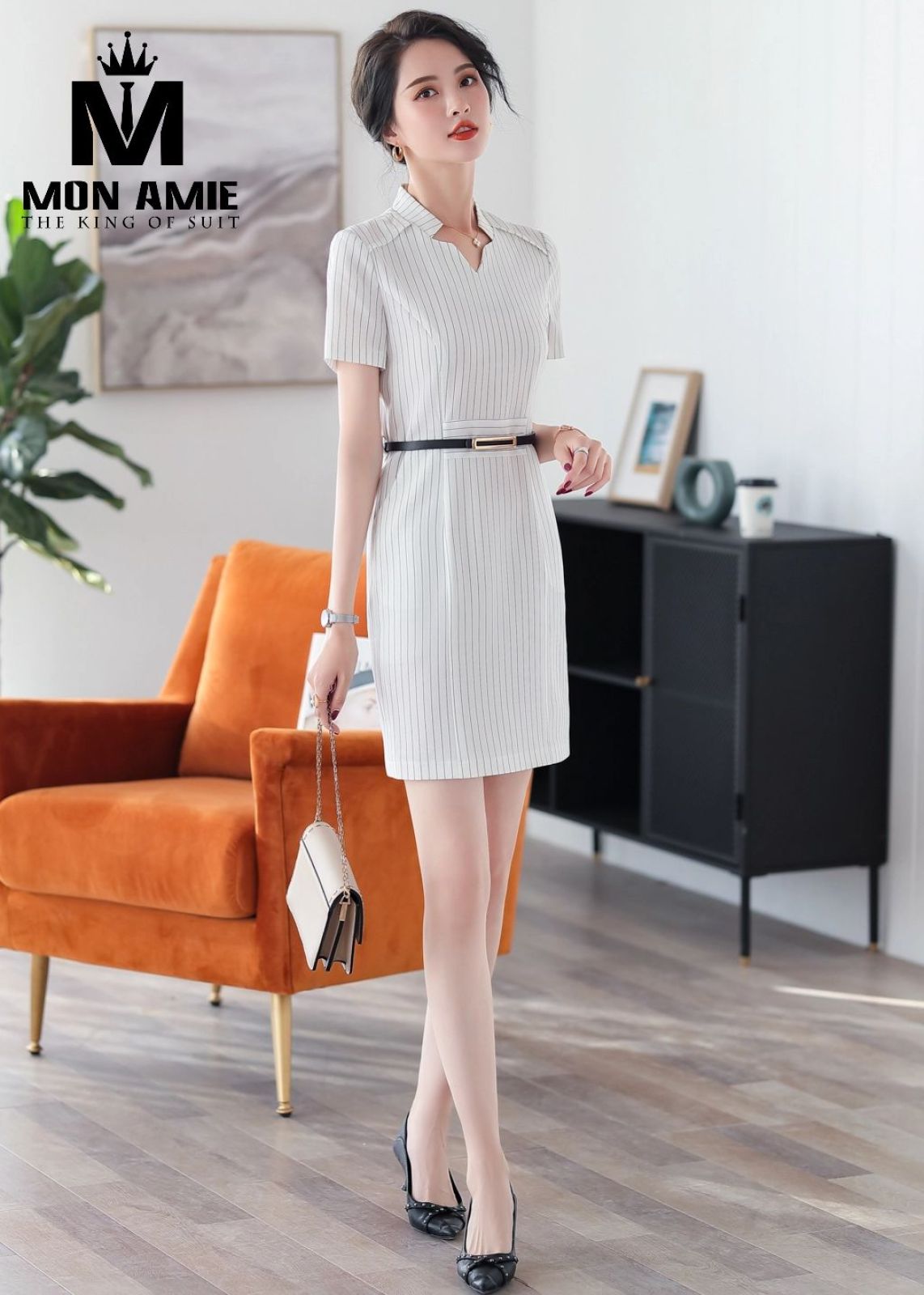 Striped White Workwear Sheath Dress 